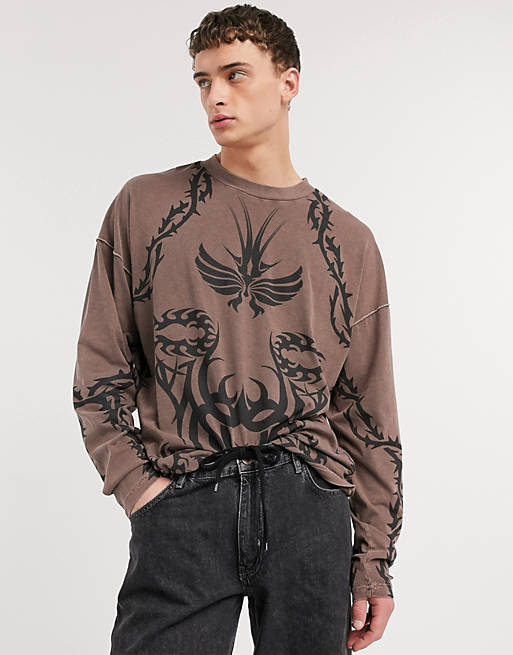 Jaded London long sleeve t-shirt with tattoo print in brown | ASOS