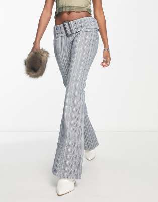 Jaded London low rise belted Y2K hickory stripe jeans in blue-Multi