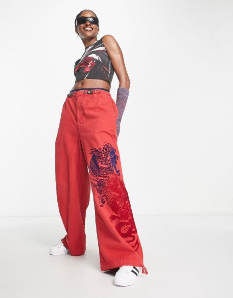 Lace Extreme Low rise palazzo legging pant Red - Store