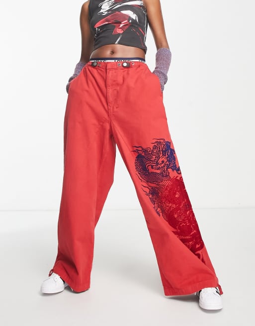 Jaded London low rise parachute pants with flocking in red, 4 of 4