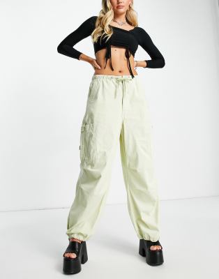 Jaded London Low Waist Parachute Cargo Pants In Sage-green