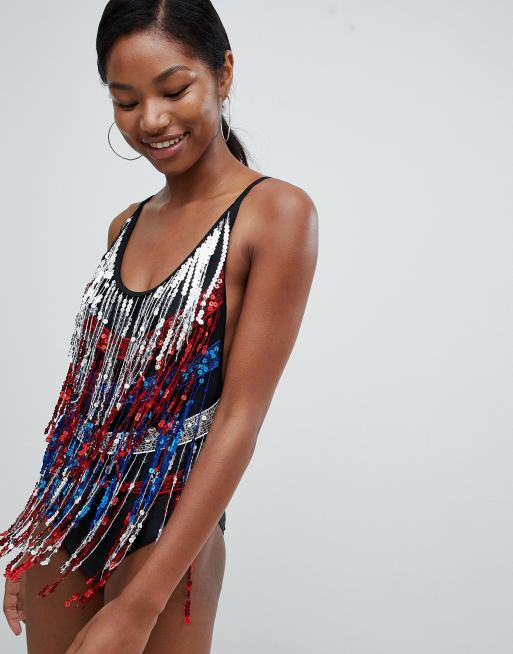 Jaded London - Maillot 1 pièce à franges en sequins