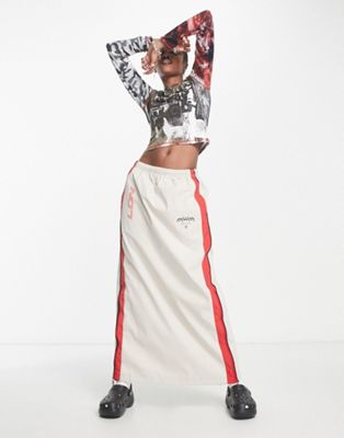Jaded London maxi cargo skirt with sporty graphics in beige