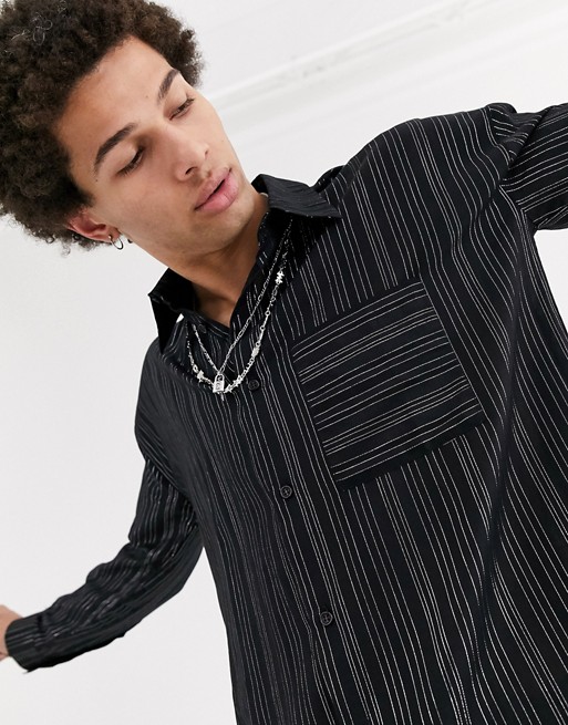 Jaded London metallic pinstripe long sleeve shirt in black