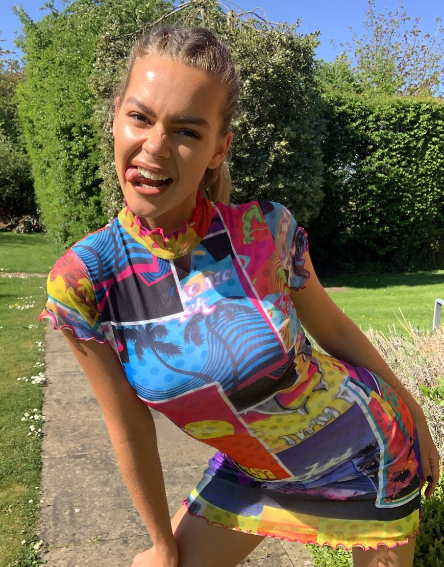 Jaded London – Mönstrad t-shirtklänning i bodycon-modell och mesh-Flerfärgad
