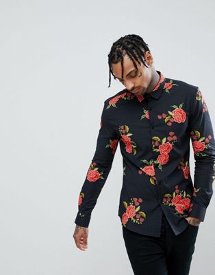 mens black shirt with red roses