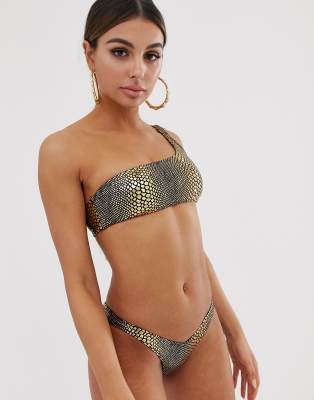 one shoulder snakeskin bikini