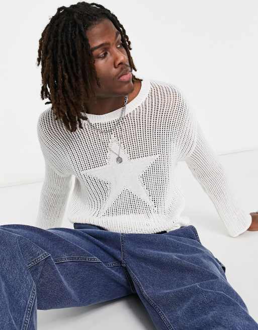 Jaded London open knit jumper with star in white