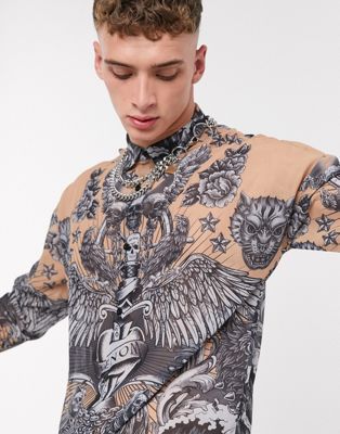 Jaded London - Overhemd met lange doorzichtige mouwen en gotische tattoo in grijs