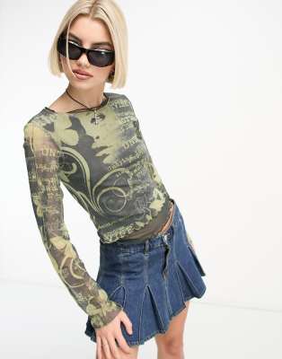 Jaded London overlay mix print fitted long sleeve top in