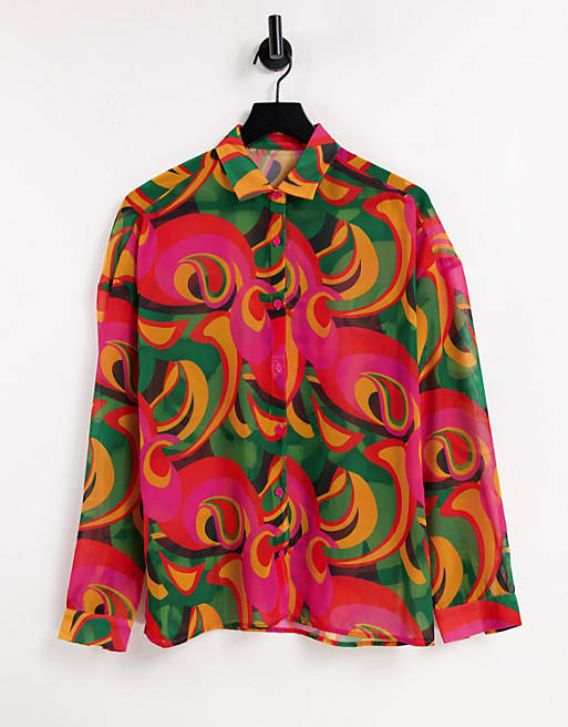 Jaded London oversized beach shirt in retro multicolour print