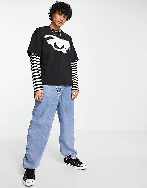  Jaded London oversized double layer t-shirt in black with eye print and striped sleeves 
