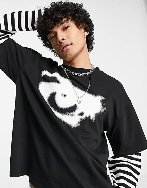  Jaded London oversized double layer t-shirt in black with eye print and striped sleeves 