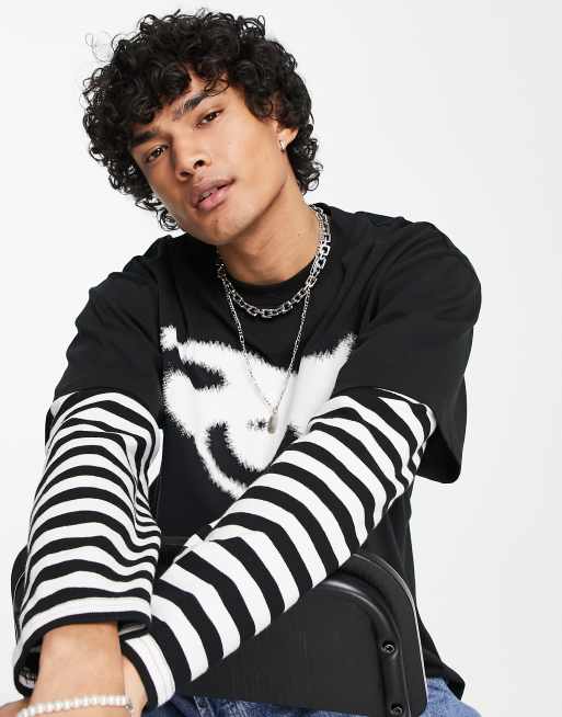 Jaded London - Oversized dubbellaags T-shirt met print van oog en gestreepte mouwen in zwart