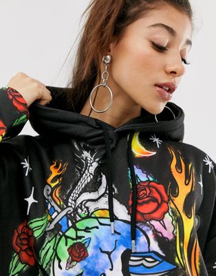 Jaded London Oversized Hoodie Dress with Flames and Skulls Print
