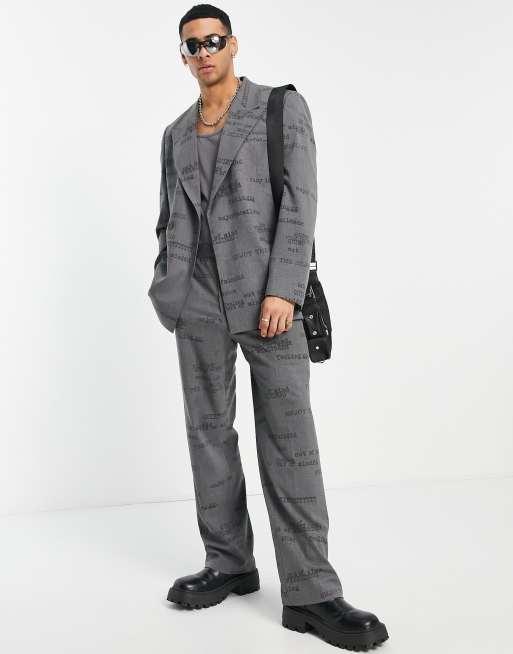 Jaded London oversized suit jacket in grey with all over typewriter print