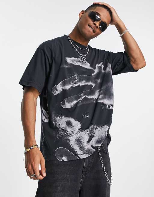 Jaded London - Oversized T-shirt i vasket sort med spinkelt print