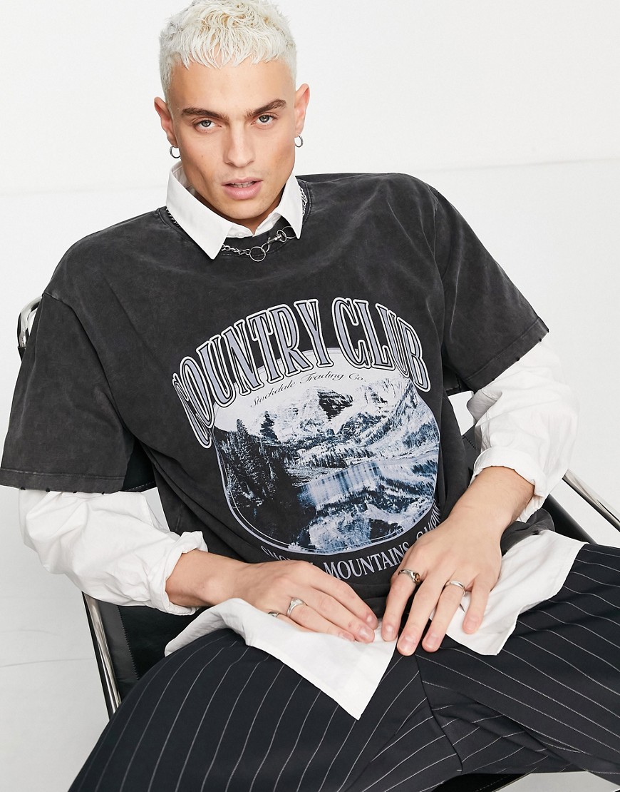 Jaded London oversized t-shirt in washed black with country club print