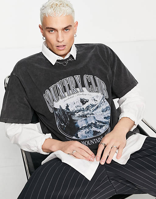T-Shirts & Vests Jaded London oversized t-shirt in washed black with country club print 