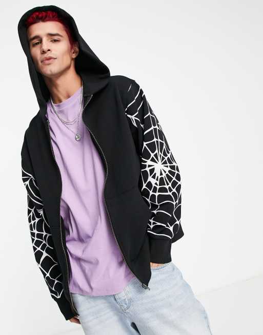 Jaded London oversized zip through hoodie in black with spider web print