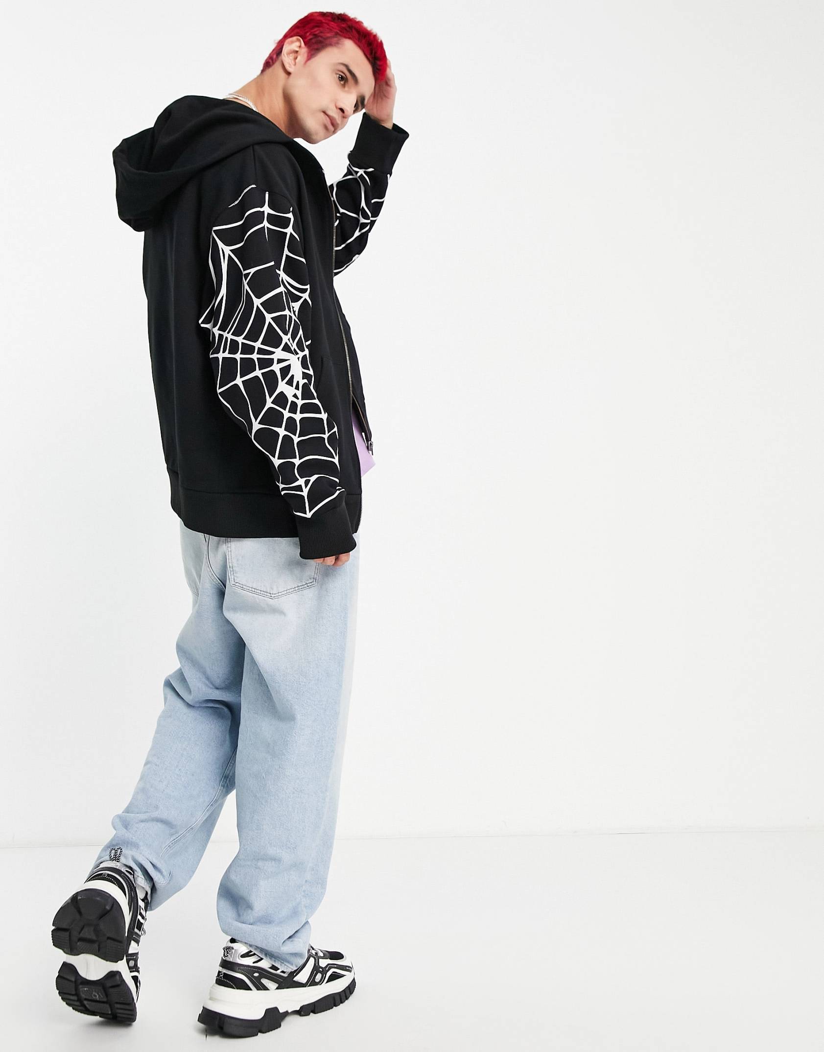 Jaded London oversized zip thru hoodie in black with spider web print -  Price Checker