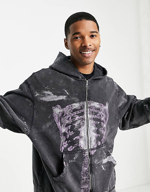 Jaded London oversized zip thru hoodie in black with x-ray skeleton print