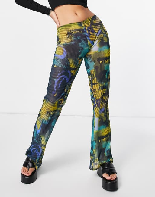 Jaded London - Pantaloni a zampa a vita alta in rete con stampa astratta in coordinato