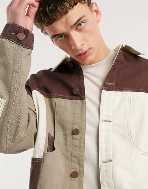 Jaded London patchwork denim jacket in brown