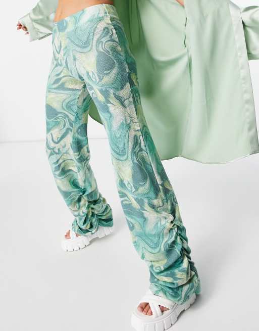 Jaded London printed knitted flare joggers with ruching in marble