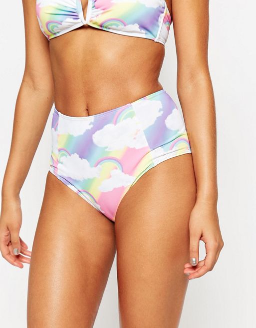 Women's Multi Color Rainbow Print High-Waisted Bikini Bottom