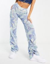 ASYOU festival diamante trim cut out ruched flare pants in blue