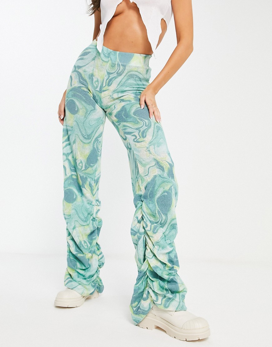 Jaded London ruched hem knitted trousers in turquoise swirl print-Blue