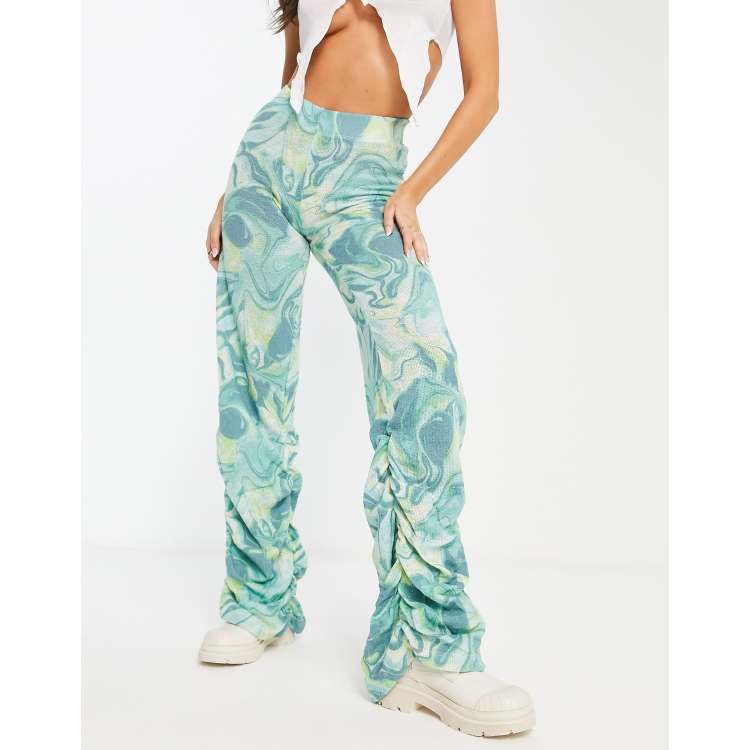 Jaded London ruched hem knitted trousers in turquoise swirl print