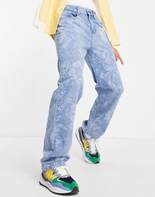 Jaded London skate jeans in blue with floral etching | ASOS
