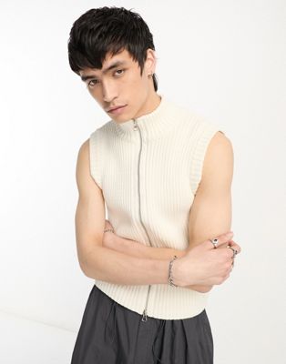 Jaded London sleeveless zip front knitted top in white