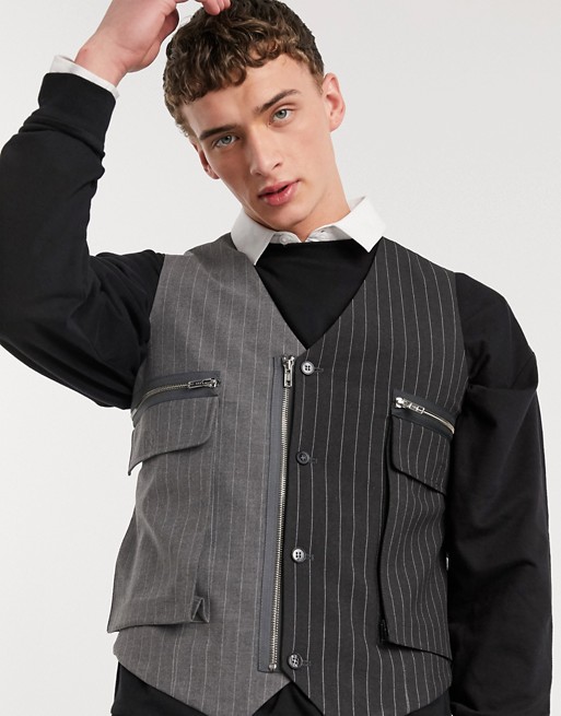 Jaded London spliced pinstripe utility waistcoat in black and grey