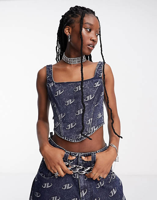 Jaded London square neck denim corset with logo embossing co-ord
