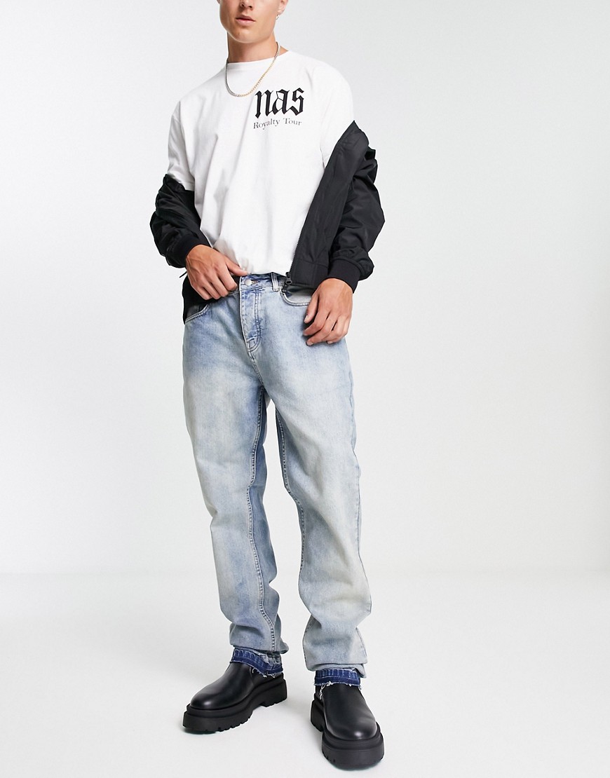 jaded london straight fit raw hem jeans in washed blue