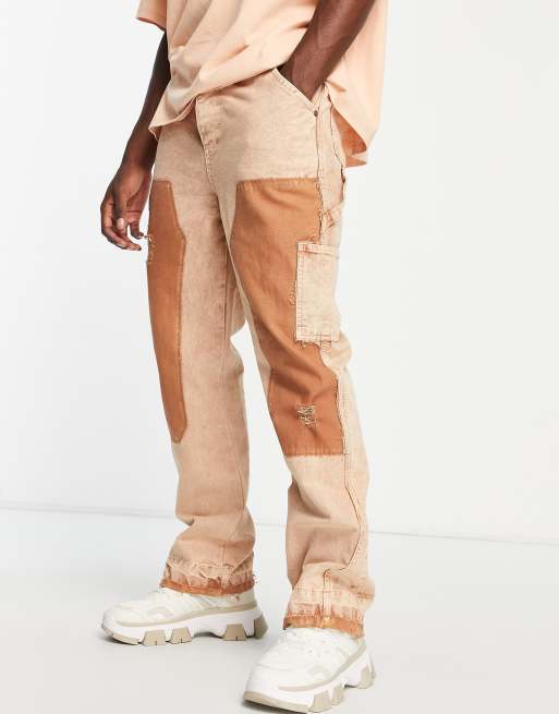 Jaded London straight leg denim carpenter jeans in stone with hem