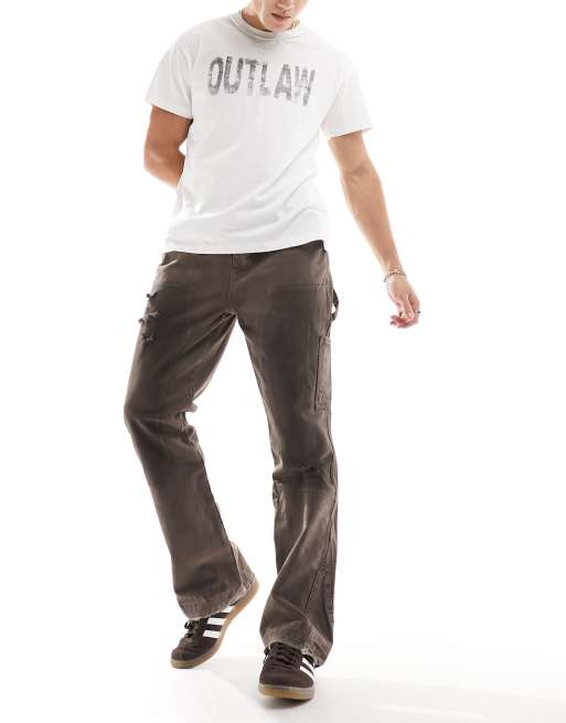 Jaded London straight leg denim carpenter jeans in washed brown with hem insert, 3 of 5