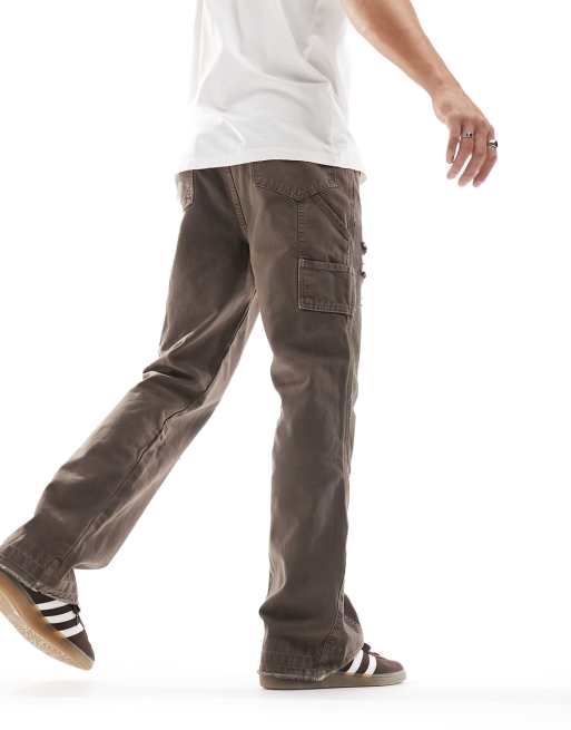 Jaded London straight leg denim carpenter jeans in washed brown with hem insert, 5 of 5