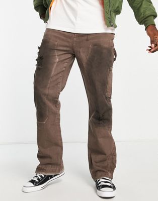 Jaded London straight leg denim carpenter jeans in washed brown with hem insert - ASOS Price Checker