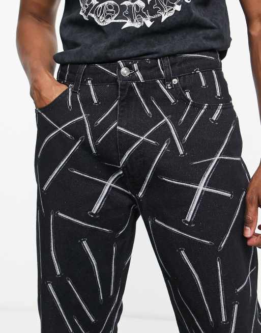 Jaded London straight leg denim jeans in black with nail print | ASOS