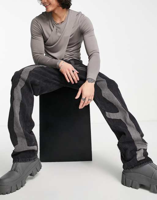 Jaded London straight leg jeans in black with cracked applique