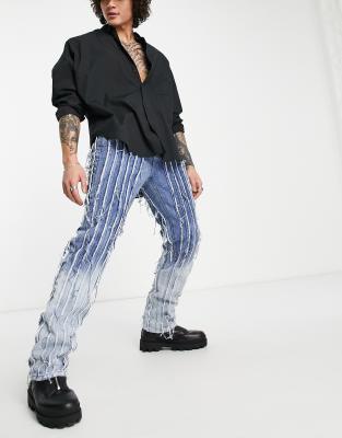 Jaded London straight leg jeans in faded blue with frayed panels