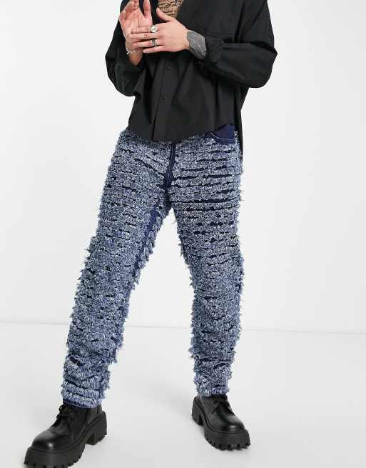 Jaded London straight leg jeans in mid wash blue with shredded design