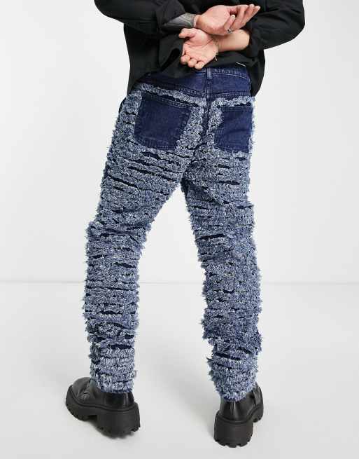 Jaded London straight leg jeans in mid wash blue with shredded