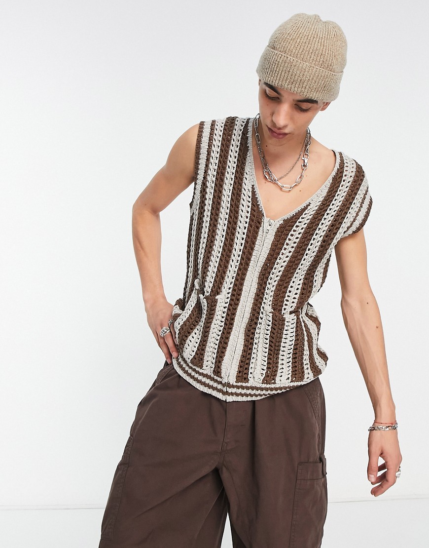 jaded london striped knit zip through waistcoat in brown multi