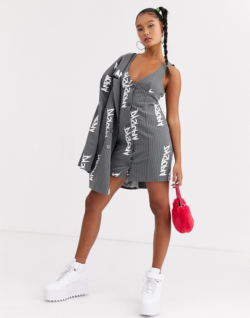 Jaded London structured cami dress with button down detail in reflective script co-ord-Grey