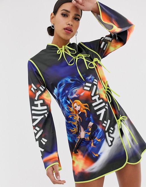 Jaded London tie front dress with anime graphics